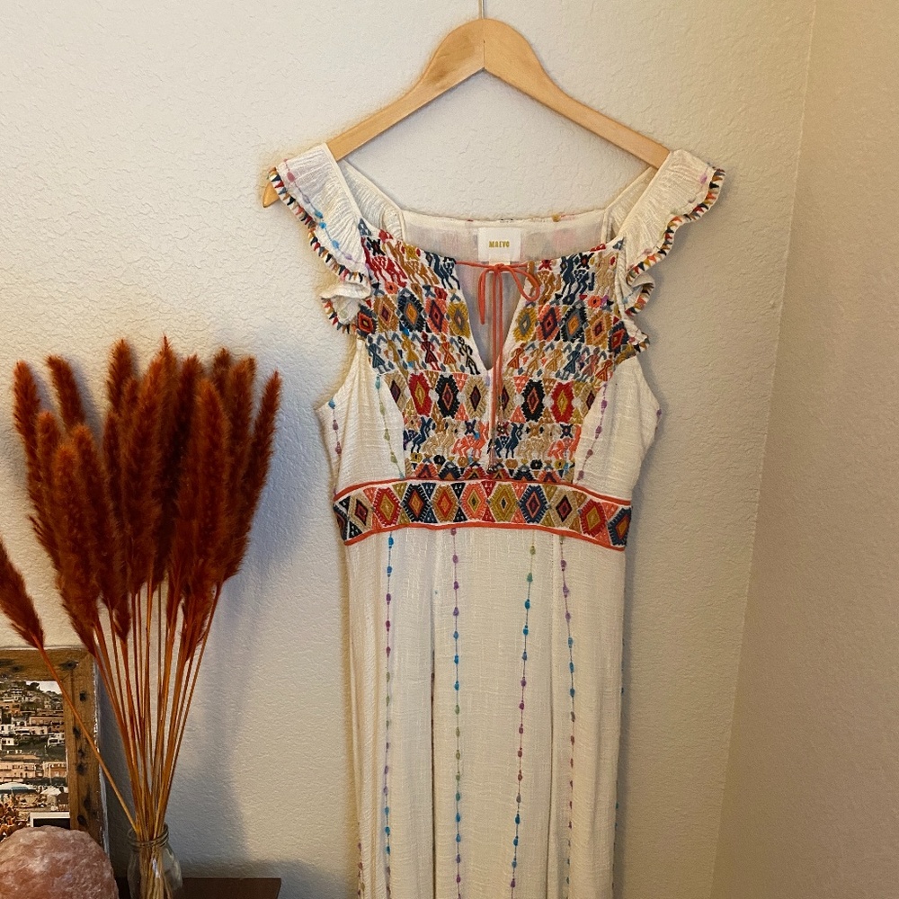 Anthropologie Embroidered Cream Dress